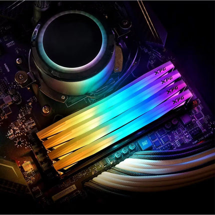 Close-up of a computer motherboard with RGB lighting effects