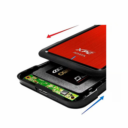 Red external hard drive with XPG and ADATA branding on a white background