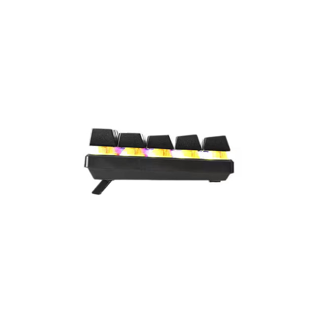 Black electronic device with colorful display on a white background