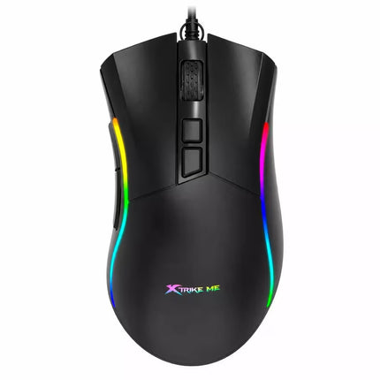 A black wired gaming mouse with RGB rainbow lighting accents on the sides and a visible 'XTRAKEMK' logo near the bottom, shown on a plain white background.