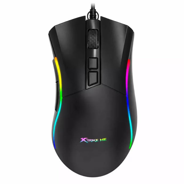 A black wired gaming mouse with RGB rainbow lighting accents on the sides and a visible 'XTRAKEMK' logo near the bottom, shown on a plain white background.
