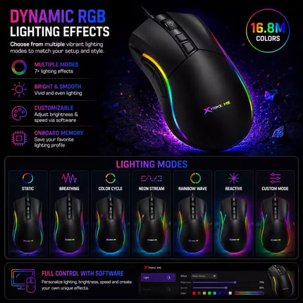 Promotional graphic for an Xingyue gaming mouse showing its dynamic RGB lighting effects. The mouse is black with a vibrant multicolor LED light trail.