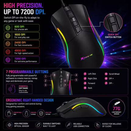 Promotional infographic for a gaming mouse, showing the product at multiple angles with RGB rainbow lighting, feature callouts, DPI claims, button customization, and weight information on a dark graphic background.