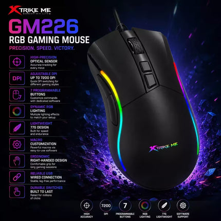 Xtrike Me GM226 RGB gaming mouse in black with multicolor LED lighting, shown on a dark graphic background with product specifications and feature icons.