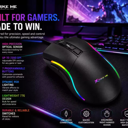 Xtrike Me gaming mouse on a dark desk with a keyboard and monitor in the background, featuring RGB lighting and promotional text highlighting gaming features.