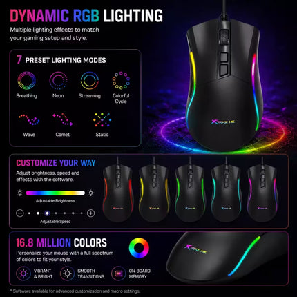 Promotional graphic for a gaming mouse with dynamic RGB lighting. The main product shown is a black mouse with multicolor LED lighting along the side and base.