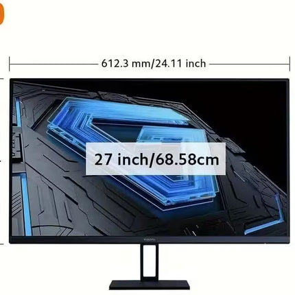 Front view of the Xiaomi Gaming Monitor G27i showing its physical dimensions: width of 612.3 mm (24.11 inches), screen height of 361.6 mm (14.23 inches), total height including stand of 451.7 mm (17.78 inches), and a 27-inch (68.58 cm) diagonal display.