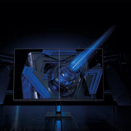 Front view of the Xiaomi G27i monitor display split down the middle to showcase the visual enhancement, featuring a futuristic blue sci-fi graphic against a dark background.