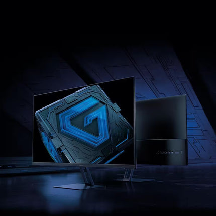 Gaming monitor with a detailed design on the screen in a dark room