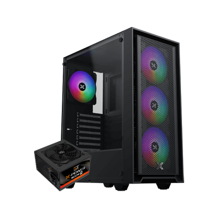 Computer case with RGB lighting and power supply on a white background