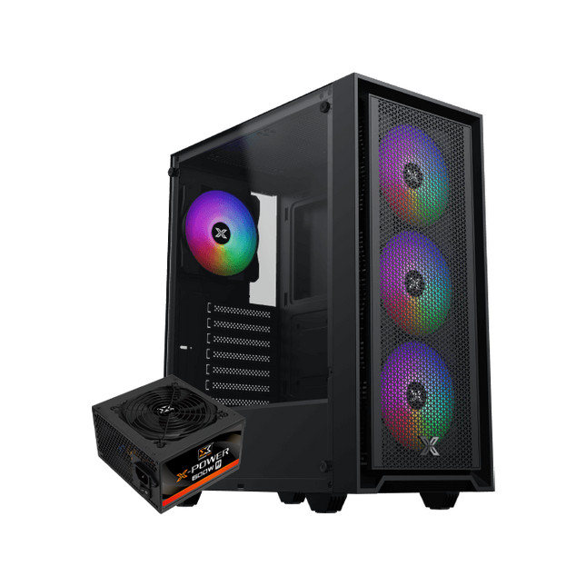 Computer case with RGB lighting and power supply on a white background