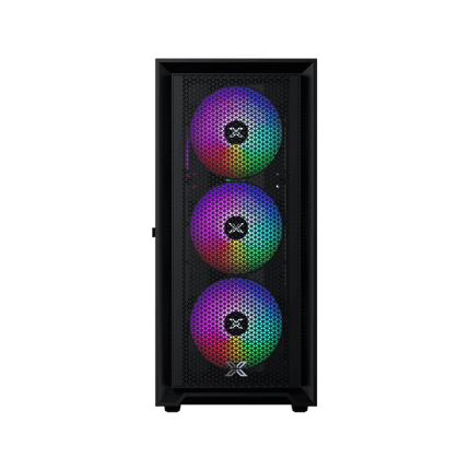 Gaming computer case with RGB lighting on a black background