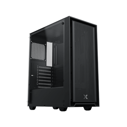 Black computer case with a brand logo on a white background