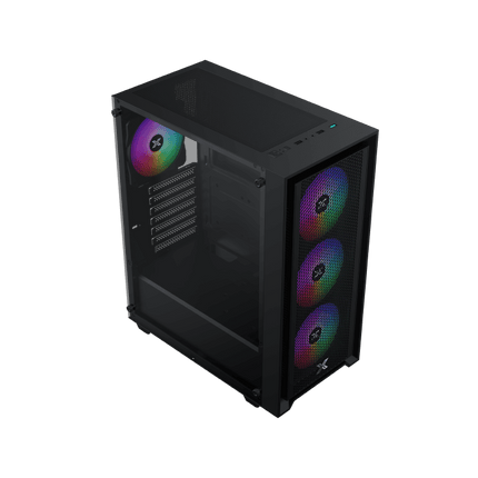 Black computer case with RGB lighting on a black background
