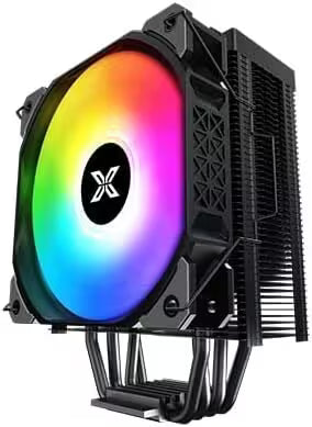 Front right angled view of a Xigmatek Air Killer CPU cooler with a 120mm ARGB fan, black heatsink, and four black heat pipes on a white background