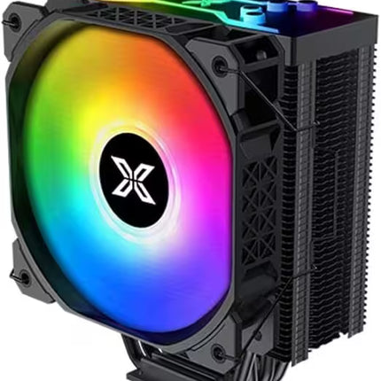 Front left angled view of the Xigmatek Air Killer CPU cooler featuring a 120mm ARGB fan, black aluminum heatsink, and four direct-contact heat pipes.