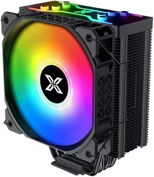 Front left angled view of the Xigmatek Air Killer CPU cooler featuring a 120mm ARGB fan, black aluminum heatsink, and four direct-contact heat pipes.