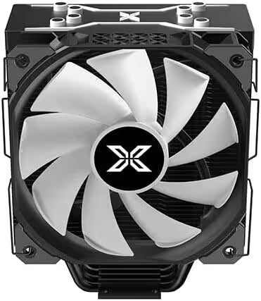 Front view of the Xigmatek Air Killer CPU cooler with a 120mm white fan, black frame, aluminum heatsink, and four black heat pipes.