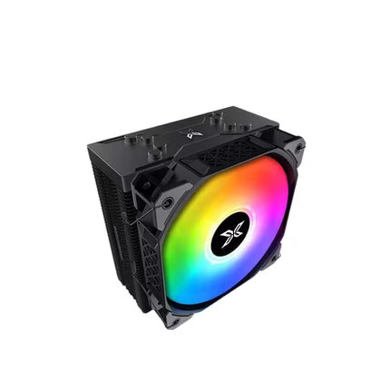 Top front angled view of the Xigmatek Air Killer CPU cooler with a 120mm ARGB fan, black top cover, and tower heatsink design