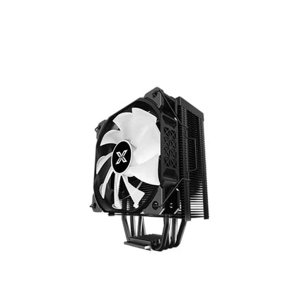 Side view of the Xigmatek Air Killer CPU cooler showing the white cooling fan, black aluminum heatsink, and four black heat pipes.