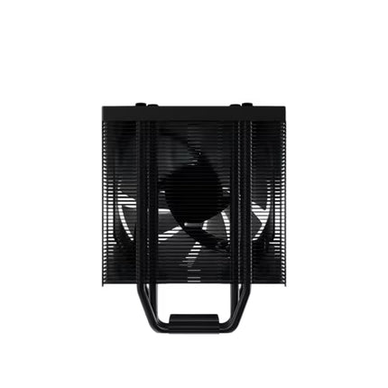 Rear view of the Xigmatek Air Killer CPU cooler displaying the aluminum heatsink fins, rear fan profile, and four black heat pipes on a white background.