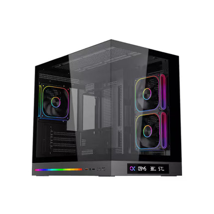Xigmatek Cloud M DGT Micro Tower PC case with dual tempered glass panels, three PWM ARGB fans, and built-in digital LCD display.