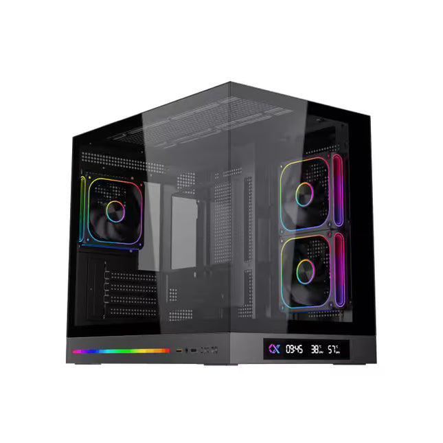 Xigmatek Cloud M DGT Micro Tower PC case with dual tempered glass panels, three PWM ARGB fans, and built-in digital LCD display.