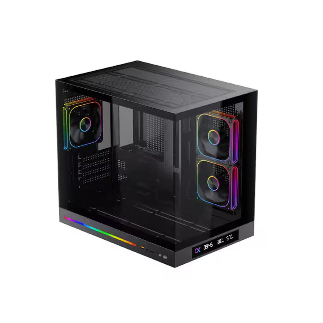 Angled top view of the Xigmatek Cloud M DGT Micro Tower case featuring dual tempered glass, three PWM ARGB fans, and a digital LCD panel.