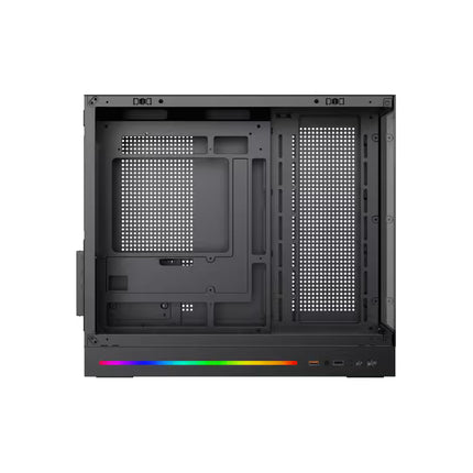 Interior layout of the Xigmatek Cloud M DGT Micro Tower case with motherboard tray, fan mounting positions, and cable management openings.