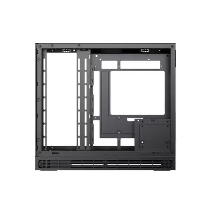Rear interior view of the Xigmatek Cloud M DGT case featuring BTF motherboard support, cable routing space, and storage mounting brackets