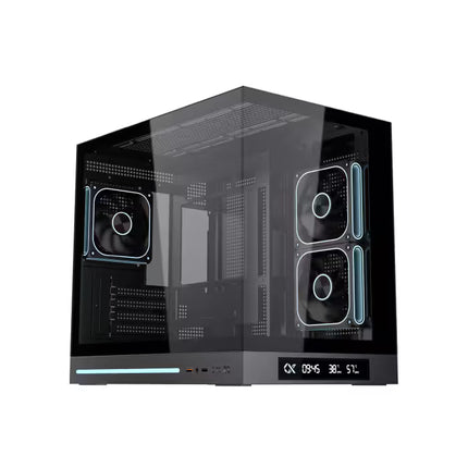 Xigmatek Cloud M DGT Micro Tower case with synchronized blue ARGB lighting, three PWM fans, and integrated digital LCD display.