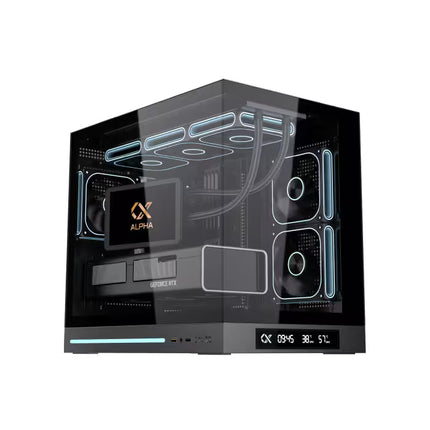 Xigmatek Cloud M DGT gaming PC case with RTX graphics card, liquid CPU cooler, three PWM ARGB fans, and built-in digital LCD display.