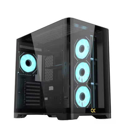 Front angled view of the Xigmatek Crystal Storm mid tower case featuring curved tempered glass and four pre-installed PWM ARGB fans.