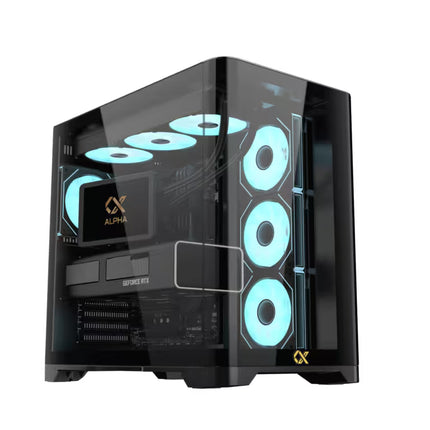 Xigmatek Crystal Storm gaming PC case with installed RTX graphics card, liquid CPU cooler, and four PWM ARGB fans.