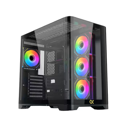 Xigmatek Crystal Storm PC case with curved tempered glass and customizable RGB lighting on four PWM ARGB fans.