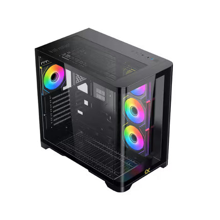 Top angled view of the Xigmatek Crystal Storm case showing the mesh top panel, curved tempered glass, and front RGB fans.