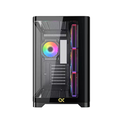 Front view of the Xigmatek Crystal Storm mid tower case with curved tempered glass and three front PWM ARGB fans.