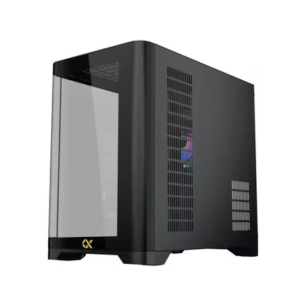 Rear side view of the Xigmatek Crystal Storm case showing the solid steel panel and ventilation openings.