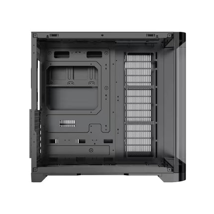 Interior layout of the Xigmatek Crystal Storm case with motherboard tray, fan mounting positions, and cable routing cutouts.