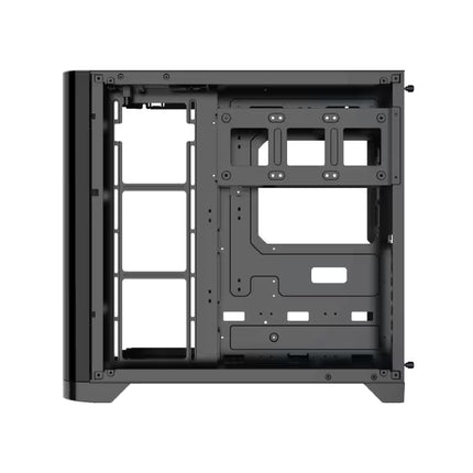 Rear interior view of the Xigmatek Crystal Storm case featuring cable management space and SSD mounting brackets.