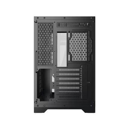 Rear panel of the Xigmatek Crystal Storm mid tower case with expansion slots, rear fan mount, and power supply compartment.