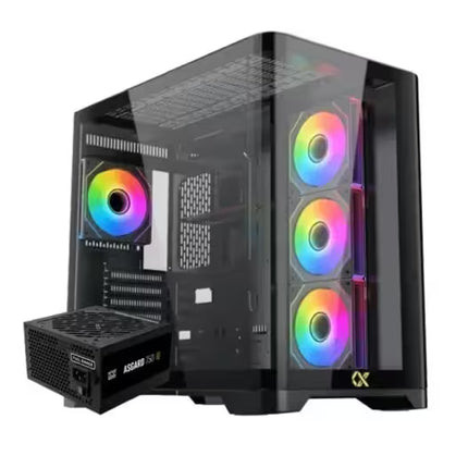 Xigmatek Crystal Storm Mid Tower PC case with curved tempered glass, 4 PWM ARGB fans, and Asgard 750W 80+ Bronze power supply.