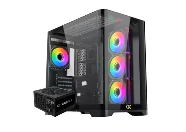 Xigmatek Crystal Storm Mid Tower PC case with curved tempered glass, 4 PWM ARGB fans, and Asgard 750W 80+ Bronze power supply.