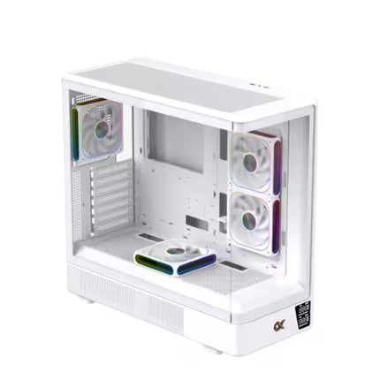 Xigmatek Moon DGT Arctic White Super Tower PC case with curved tempered glass, four PWM ARGB fans, and built-in digital LCD display.