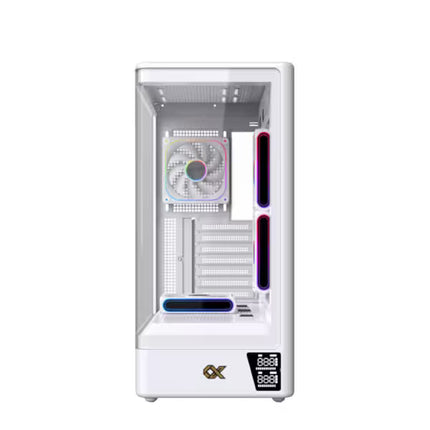 Front view of the Xigmatek Moon DGT Arctic White Super Tower case featuring curved tempered glass, four ARGB PWM fans, and integrated digital LCD display.