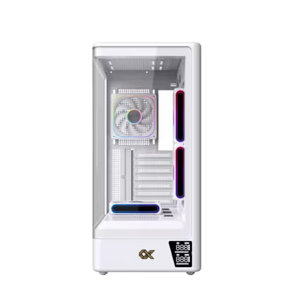 Front view of the Xigmatek Moon DGT Arctic White Super Tower case featuring curved tempered glass, four ARGB PWM fans, and integrated digital LCD display.