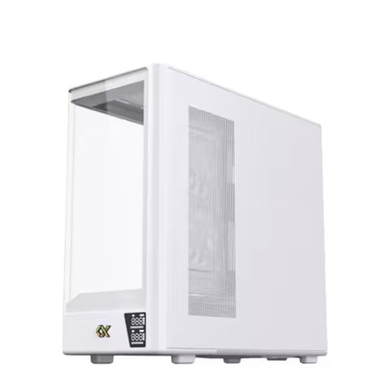 Rear side view of the Xigmatek Moon DGT Arctic White case with ventilated steel panel and optimized airflow design.