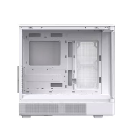Interior layout of the Xigmatek Moon DGT Arctic White Super Tower case with motherboard tray, fan mounting positions, and cable management cutouts.