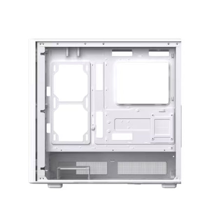 Rear interior view of the Xigmatek Moon DGT Arctic White case featuring cable management space, storage mounting brackets, and clean routing layout.