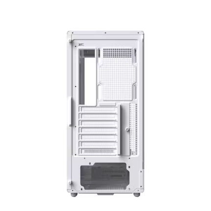 Angled front view of the Xigmatek Moon DGT Arctic White case with curved tempered glass, four pre-installed PWM ARGB fans, and digital LCD display.